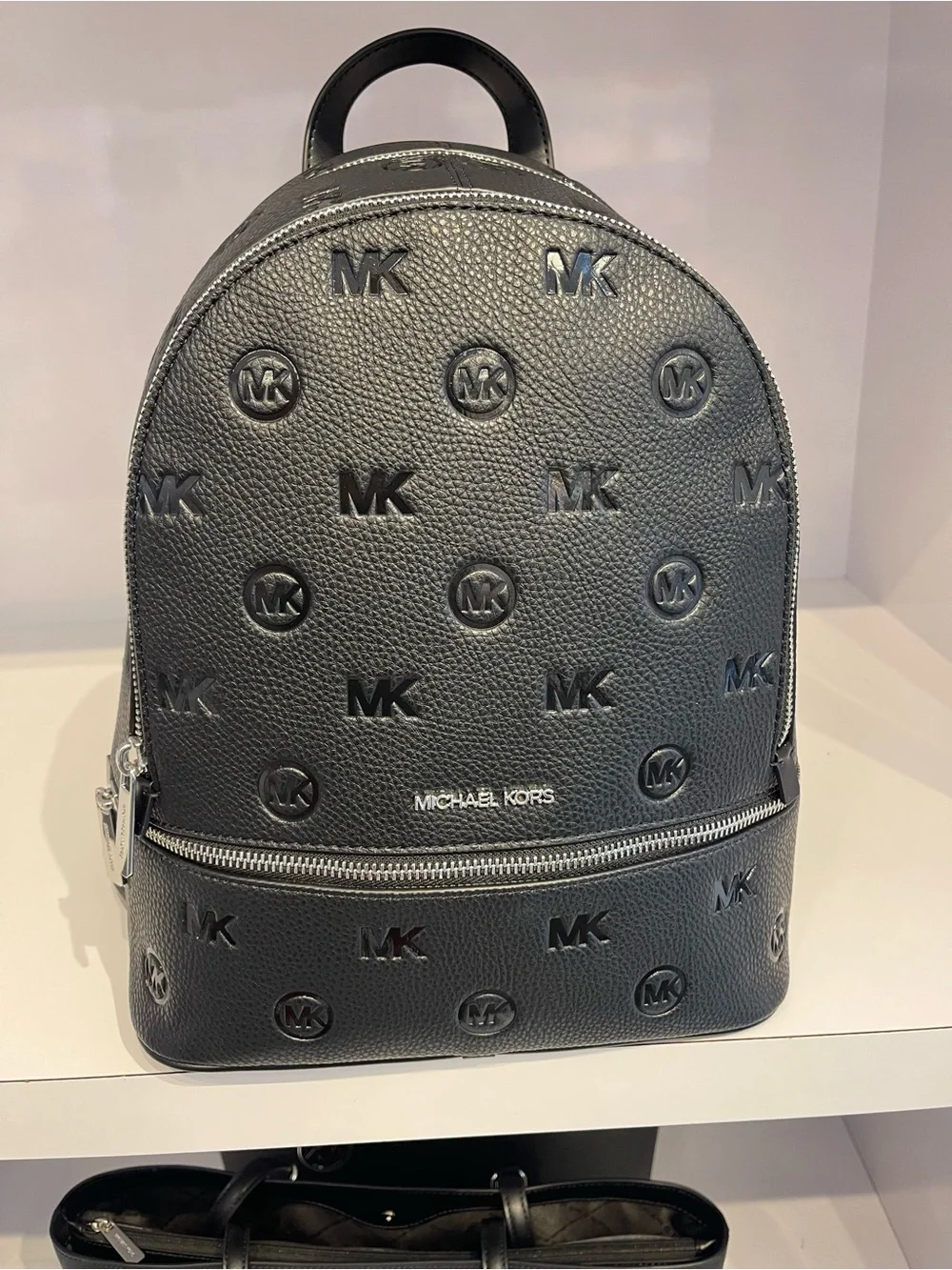 Michael Kors Rhea Medium Zip MK Logo Debossed Backpack Black NWT